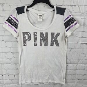 Victoria Secret PINK Bling Sequin Short Sleeve Scoop Neck T-Shirt White M B-C